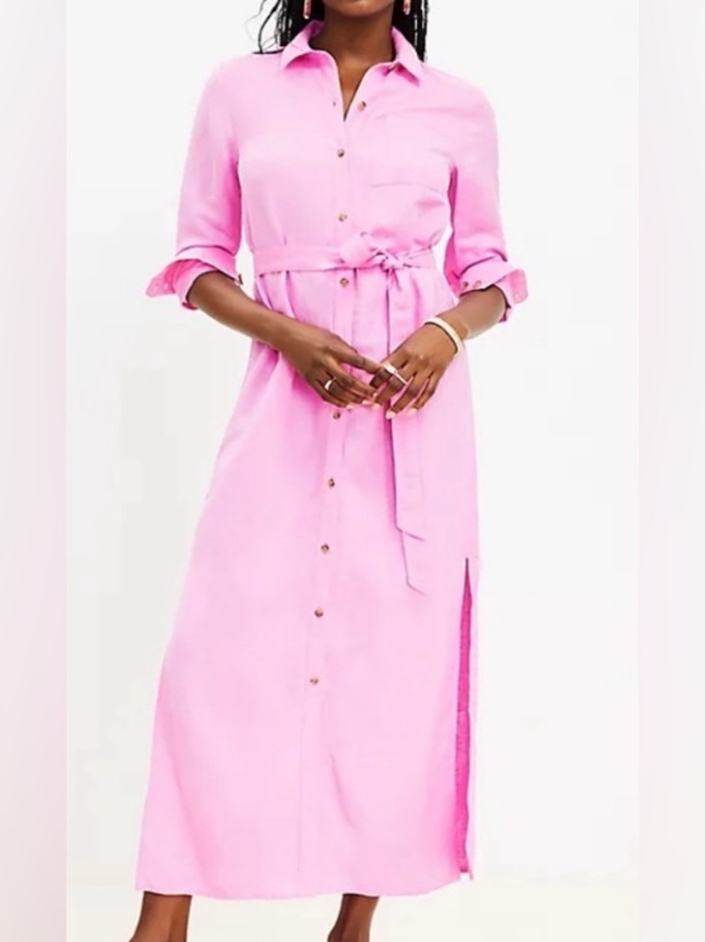 LOFT Pink Linen Blend Button-Front Maxi Shirt Dress with Belt, Size 8